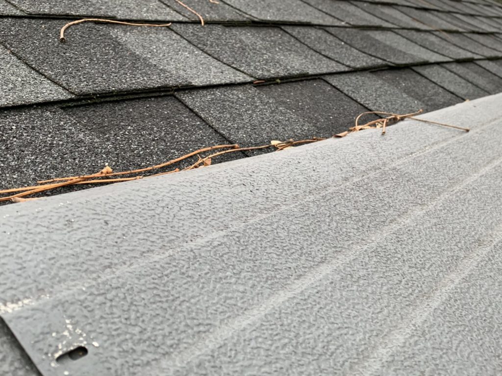 gutter Helmet installed on top of roof shingles with leaf stems lodged between the shingles and gutter guards