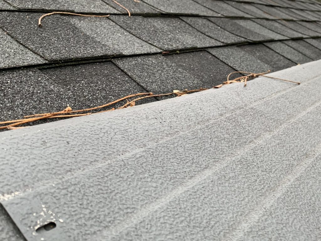 gutter Helmet installed on top of roof shingles with leaf stems lodged between the shingles and gutter guards
