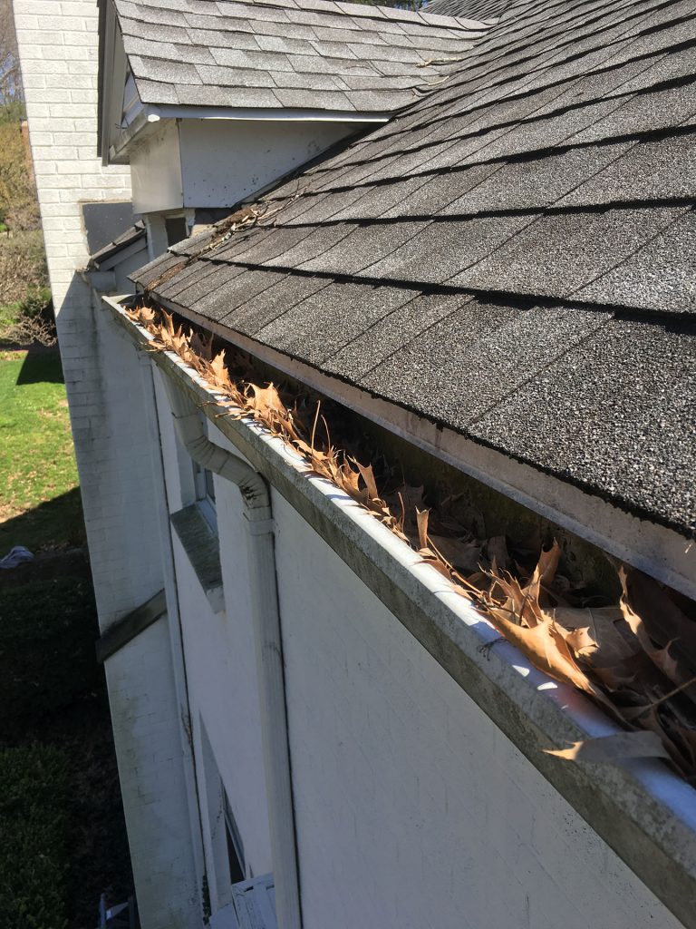 clogged gutters with leaves and sticks in Oakwood Ohio