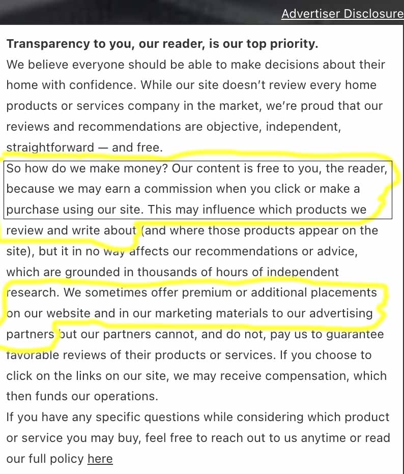 lead aggregator advertiser disclosure that reveals the gutter guards featured in the reviews may be determine by how much money manufacturers are willing to pay and that preference may be granted to dealers who pay a premium.