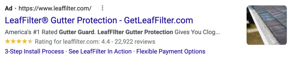 leaffilter google ad showing the claim that leaffilter is America's #1 rated gutter guard