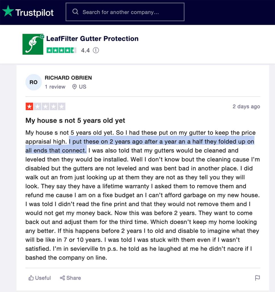 leaffilter review from Richard obrien indicating that leaffilter had warped after installed on his gutters less than 2 years after buying the product