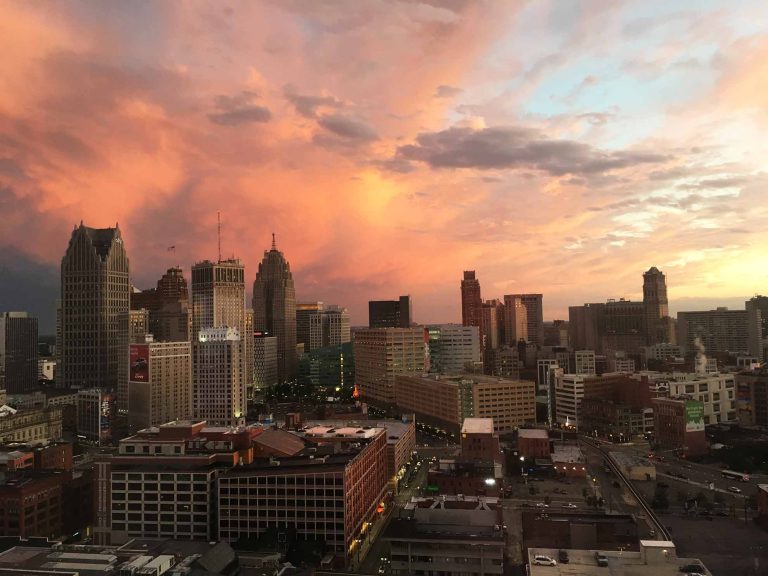 downtown Detroit Michigan at dusk