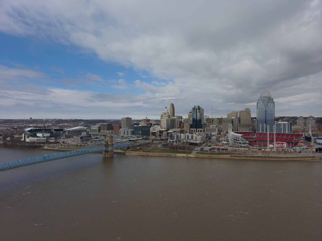 view of downtown cincinnati shot by skydio 2 drone overlooking the ohio river from covington Kentucky