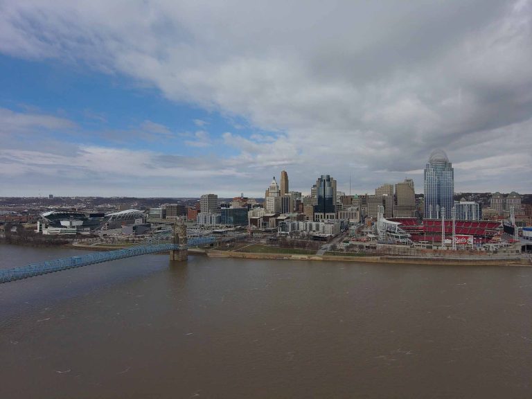 view of downtown cincinnati shot by skydio 2 drone overlooking the ohio river from covington Kentucky