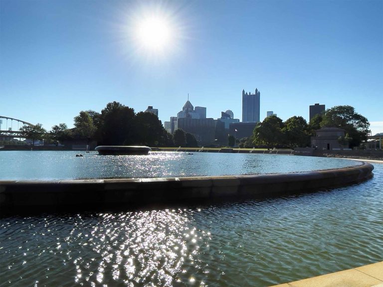 Pittsburgh pennsylvania looking from the fountain at the river back towards downtown