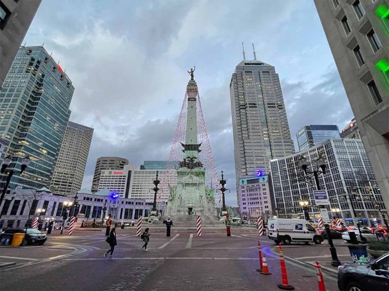 war memorial in downtown Indianapolis Indiana illuminated for the holidays 2022