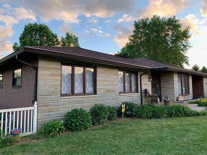 ranch home with 6-inch musket brown gutters and Mastershield gutter guards