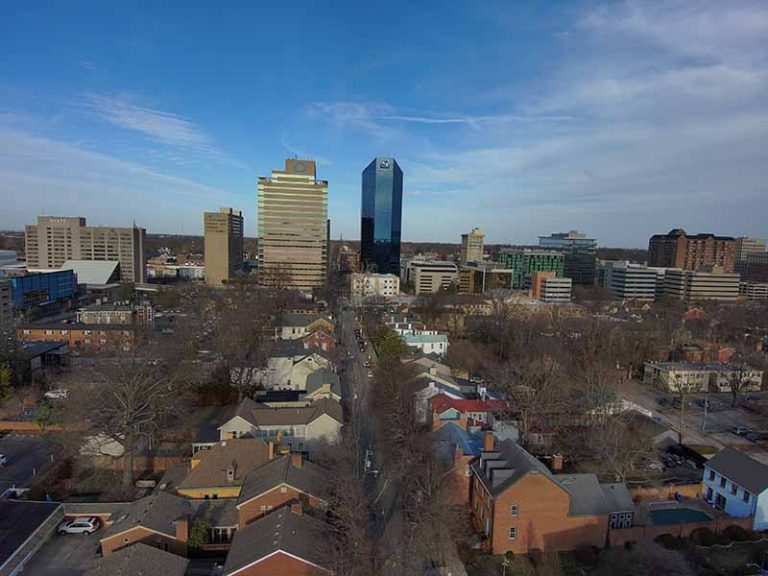 drone photo of downtown Lexington, KY, taken by Johnathan Skardon of Gutter Guards Direct