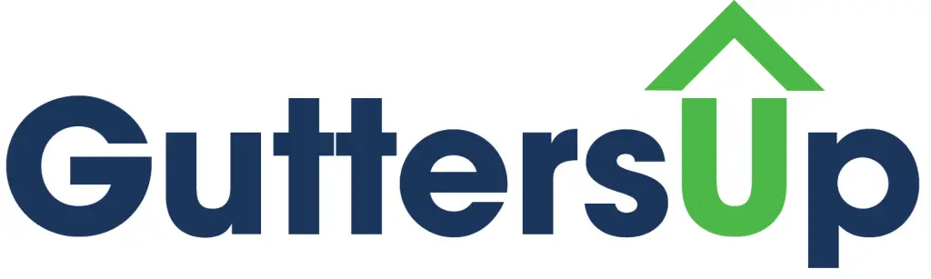 guttersup logo features a bold sans serif font with the image of a roof over the U in up. The graphic looks like a house with the silhouette of an upward arrow inside the U and upward arrow shape of the house roof